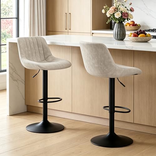 Butacos Giratorios de Bar, Set de 2, Altura Ajustable (21,7''-31''), Sin Apoyabrazos, Asiento en Cuero Sintético para Isla de Cocina o Bar en Casa, Color Gris-Negro miniatura 1