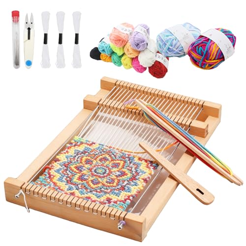 BEELUKY Métier à tisser en bois pour enfants Kit de cadre en bois à tricoter 29 x 19 cm Machine à tricoter du bois avec aiguille, couteau, laine colorée...