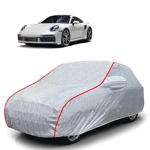 Image of Sulfar 100% Waterproof Car Body Cover Compatible with Mirror for Porsche 911 Carrera (Triple Stitched, Full Bottom Elastic, Magic Silver with Red Piping)