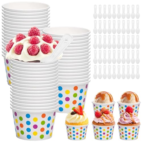 BAIFULAI 50 Stück Eisbecher aus Papier mit Löffel, 200ml Kuchenbecher, Eisschalen Pappe Pappschalen Dessertbechers mit Farbige Punkte für EIS, Dessert, Fingerfood, Joghurt
