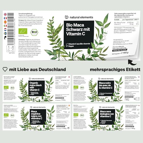 natural elements Bio Maca Schwarz – 180 Kapseln – 3000mg je Tagesdosis – mit natürlichem Vitamin C – biozertifiziert, hochdosiert, vegan, laborgeprüft