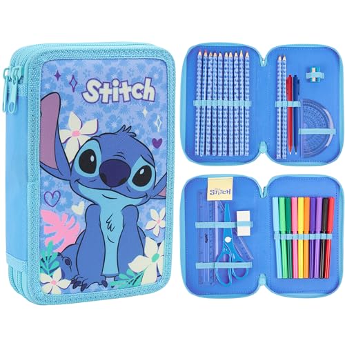 Disney Stitch Federmäppchen Mädchen mit Schulsachen Frozen Anna und ELSA Federtasche Gefüllt für Schule Vorschule Geschenke für Mädchen (Blau Stitch 2 Fächer)