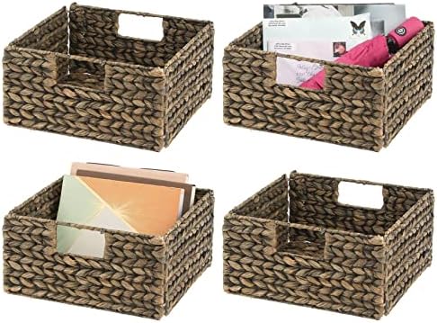 mDesign Woven Hyacinth Storage Bin Basket Organizer with Handles for Organizing Closet, Laundry, Home Office, Nursery, Kitchen, Bathroom Shelf - Holds Towels, Blankets, Books, 4 Pack - Brown Wash