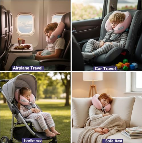 Image of Kids Travel Pillow - Memory Foam Soft Airplane Neck Pillow for Head Neck Support,Compact Design with Hard Case,for Airplane,Car,Home Recliner,or Toddler Travel Support (Kids Pillow-Pink)