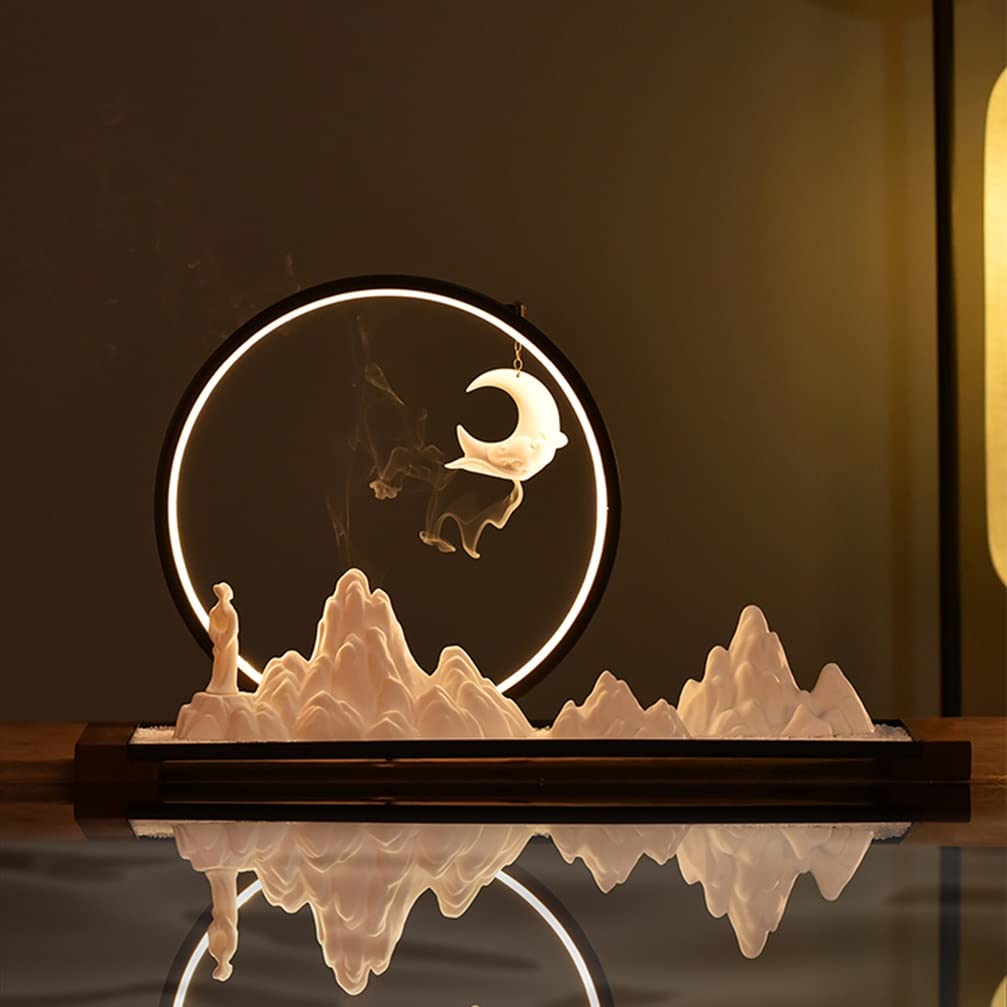 Quemador de incienso de reflujo de cascada, diseño de luna de montaña con base de madera de arena azul claro LED, perfecto para decoración del hogar y la oficina, alivio del estrés y relajación