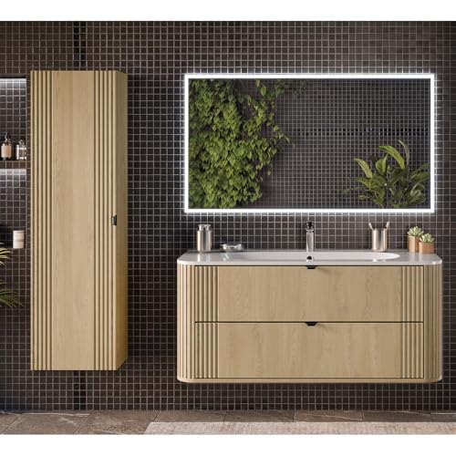 Lomadox Badmöbel-Set 3-teilig Waschtisch 120 cm mit Keramik Waschbecken, LED Spiegel und Hochschrank in Eiche, gerillt, abgerundete Kanten, Softclose, Metallgriffe
