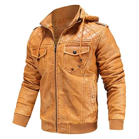 Susclude Men's Fleece Lined Leather Jacket Vintage Zip Stand Collar Faux Leather Motorcycle Biker Jacket With Removable Hood-Yellow-2XL Cover