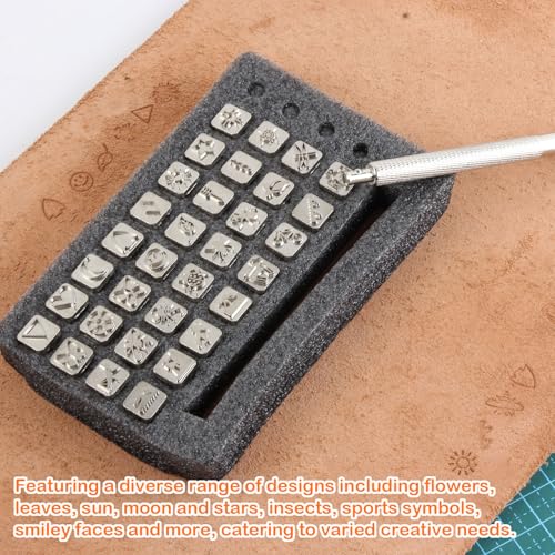 Sellos de cuero de 32 piezas multiforma con mango para manualidades 7