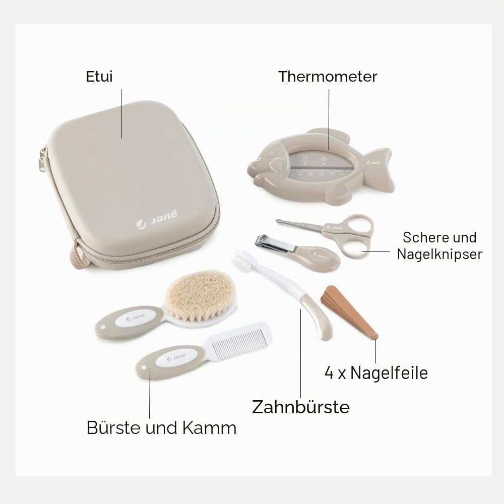Jané Baby Pflege Set mit Tasche, Komplettes Neugeborenen Set (Bürste, Kamm, Schere, Nagelknipser, Feilen, Zahnbürste, Thermometer)