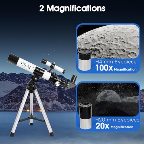 ESAKO Telescope for Kids, 100x Magnification, Kids Telescope with Two Eyepieces, Finder Scope, Tabletop Tripod Educational Gift