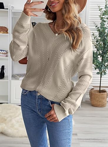 Image of FEKOAFE V Neck Sweater Striped Long Sleeve Knit Pullover Sweaters for Women