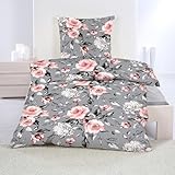 Casa Colori Microfaser Seersucker Bettwäsche   Rosen rosa grau 135x200cm 100% Polyester Sommer luftig, leicht 135x200 / 80x80