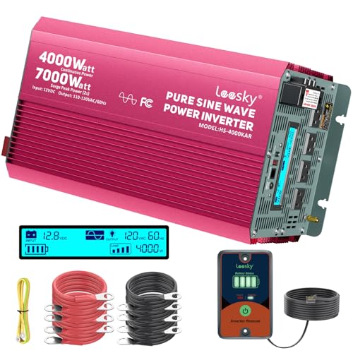 4000 Watt Pure Sine Wave Inverter 12V DC to 110V 120V AC Surge Peak 7000 Watt for 2s | 2025 New Upgraded, Compatible with Lithium Battery, for Home Car Off-Grid Solar System RV Truck Vehicle LEESKY