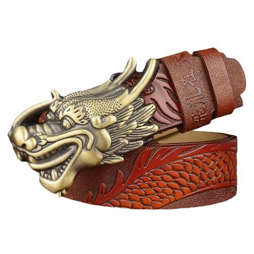 Dragon Pattern Embossed Snap Belt 38mm Vintage Western Leather Strap Bronze Buckle with Handmade Engraved Dragon Head