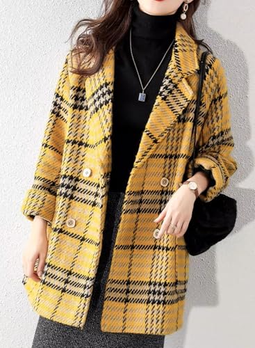 chouyatou Women Winter Notch Lapel Wool Blazer Trench Coat Plaid Double Breasted Business Causal Peacoat3
