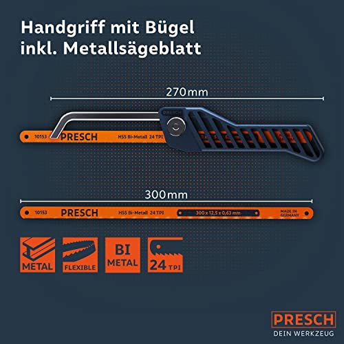Presch Mini Metallsäge Flexibel 300mm - 3in1 Bügelsäge inkl. Metallsägeblatt - Verstellbarer Sägehandgriff mit Sägeblatt für Metall - Kleine Eisensäge - Junior Hacksaw