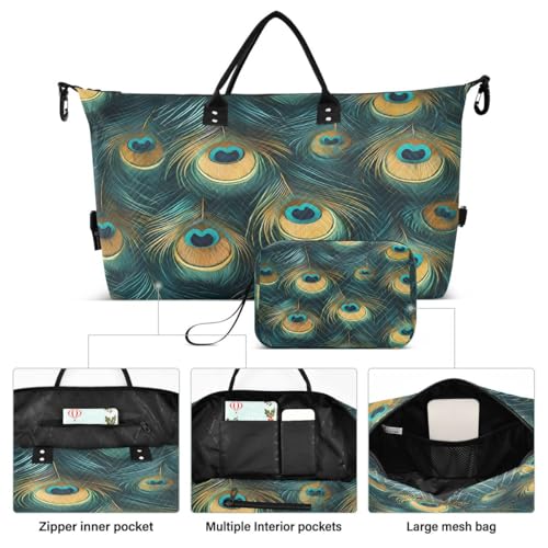 Beautiful Peacock Feather Green Travel Duffle Bag Gym Bag Weekender Bags with Toiletry Bag Travel Trip Tote Bag2