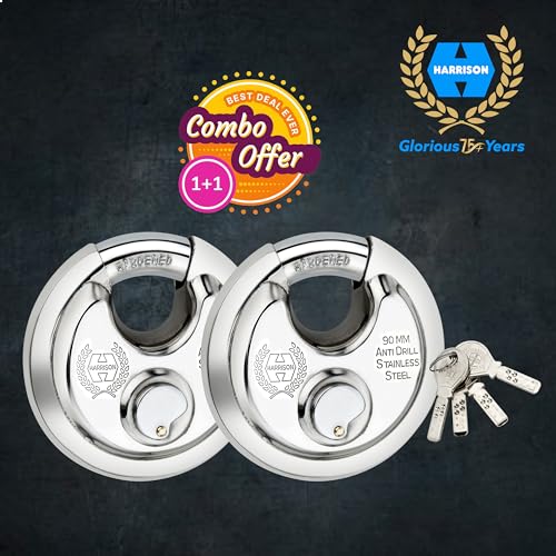 Image of Harrison Padlocks Free / 1 Round Padlock 90Mm 145C with 4 Computerised Key Stainless Steel Material /Bright Chrome Plated Finish /Padlock, Padlocks, Locks for Home, Locks for Main Door