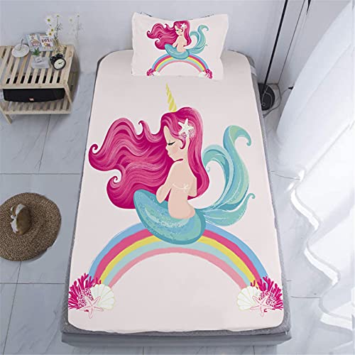 DXH Princess Mermaid Pink Fitted Sheets Set Girls Bedroom Cartoon Rainbow Red Hair Mermaid Bed Sheets Mermaid Loveliness Bedding Sheets Set for Girls Kids,Twin Size Mermaid Bed Sheets
