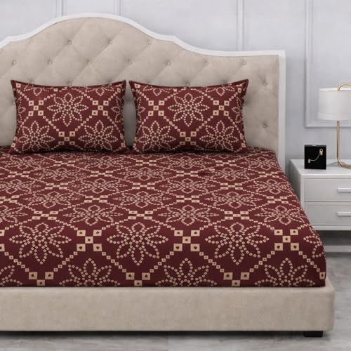 Image of 300 TC Cotton Feel Glace Cotton Elastic Fitted Bedsheet for King Size Double Bed | Fits up to 8 Inch Mattress | Printed Bedsheet with 2 Pillow Covers (New Wine, King Size - 72 inchx78 inch)