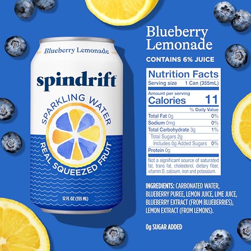 Image of Spindrift Sparkling Water, Blueberry Lemonade Flavored, Made with Real Squeezed Fruit, 12 Fl Oz Cans, Pack of 24 (Only 11 Calories per Can)