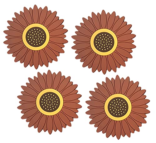 Image of Silicone Trivet Mat - Sunflower Hot Pot Holder Pads - Coasters for Kitchen - Placemat for Hot Dishes - Hot Pads for Table (Set of 4, Big, Brown)