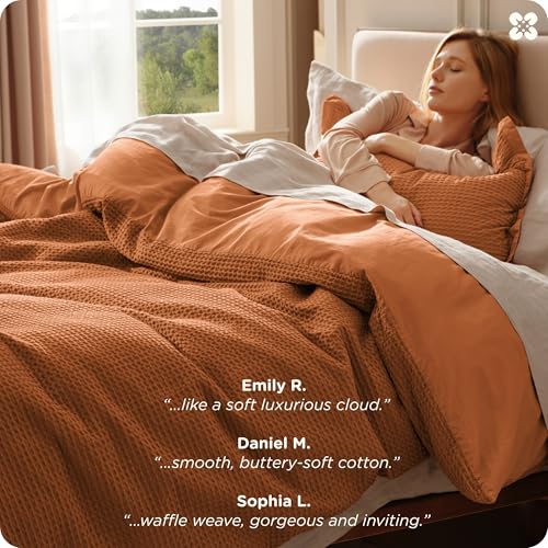 Image of Bedsure Cotton Duvet Cover Queen Size - 100% Cotton Waffle Weave Terracotta Duvet Cover Queen Size, GentleSoft and Breathable Bedding Set for All Season, 3 Pieces, 90 inchx90 inch