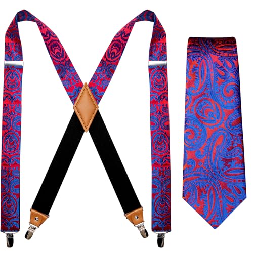 Image of Barry.Wang Men Suspender Set with Necktie Elastic Y Type Heavy Duty 6 Clips Braces Tie Handkerchief Cufflink Pin 6PCS