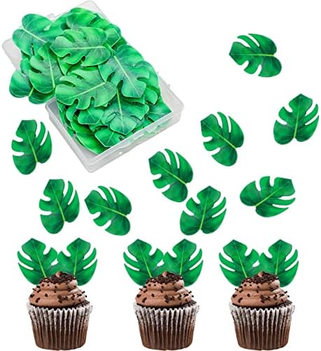 48pcs Edible Tropical Turtle Leaves Cupcake toppers, Palm Leaf Cake Topper, Edible Wafer Paper Leaf Cake Decoration for Hawaii Aloha Jungle Summer Theme Wedding Birthday Baby Shower Party