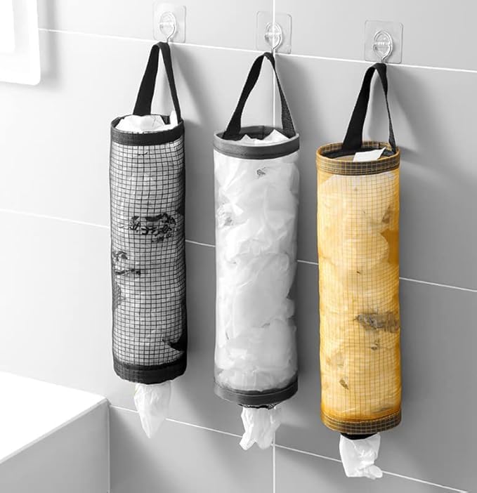 Image of BEYOND BASIC Polyester Grocery Bag Holder Plastic Dispenser Foldable Breathable Washable Hanging Mesh Garbage Bag Organizer for Kitchen Plastic Bag Storage (Multicolour) (Pack of 2)