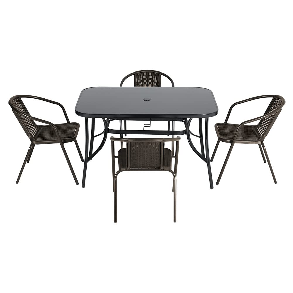The Fellie Garden Furniture Set Outdoor Dining Table and Chairs Patio Tempered Glass Table Top with Umbrella Hole Wicker Stacking Chairs Seat（120cm Rectangle Table+4PC Chair）