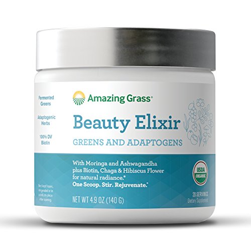 Organic Beauty Elixir, by Amazing Grass, with Fermented Greens & Herb Adaptogens, Morniga, Reishi, Ashwagandha mushrooms, 20 Servings Tub