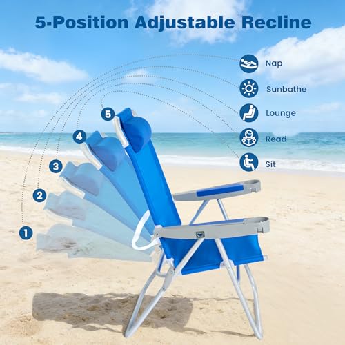 Image of SUNNYFEEL Oversized Tall Folding Beach Chair Lightweight, 17 inch Portable Sand Chair for Adults Heavy Duty with Cup Holders and Headrest, Foldable High Camping Lawn Chairs for Camp /Outdoor /Picnic /Sports