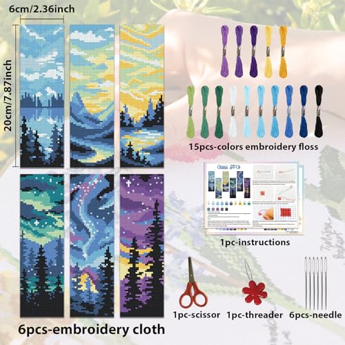 Image of ACRNIGHEET 6PCS Cross Stitch Bookmark Kit for Adult Beginners Landscape Cross Stitch Kits DIY Crossstitch Kits Adult Stamped Bookmark Embroidery Bookmarks Kit with Instructions 8''x2.4'' 11CT
