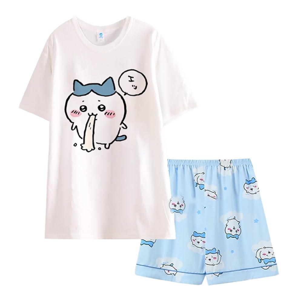 Cartoon Printed Pajamas for Women Girls 2 Piece Lounge Sets Cotton Sleepwear Short Sleeve T Shirt and Shorts Pjs Set