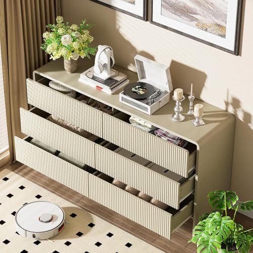 Image of Furniway 55 inch Wide Modern Dresser for Bedroom, 6 Drawer Chest of Drawers with Curved Design, Push-to-Open Storage Dresser, Beige