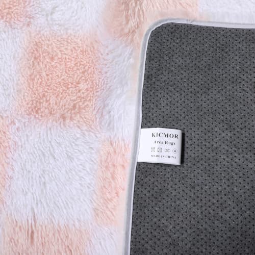 Image of KICMOR Pink Rugs for Bedroom Girls, 3x5 Small Fluffy Soft Bedside Checkered Area Rug, Cute Fuzzy Shag Shaggy Non-Slip Indoor Floor Carpet for Living Room Kids Teen Dorm Nursery Home Decor Aesthetic