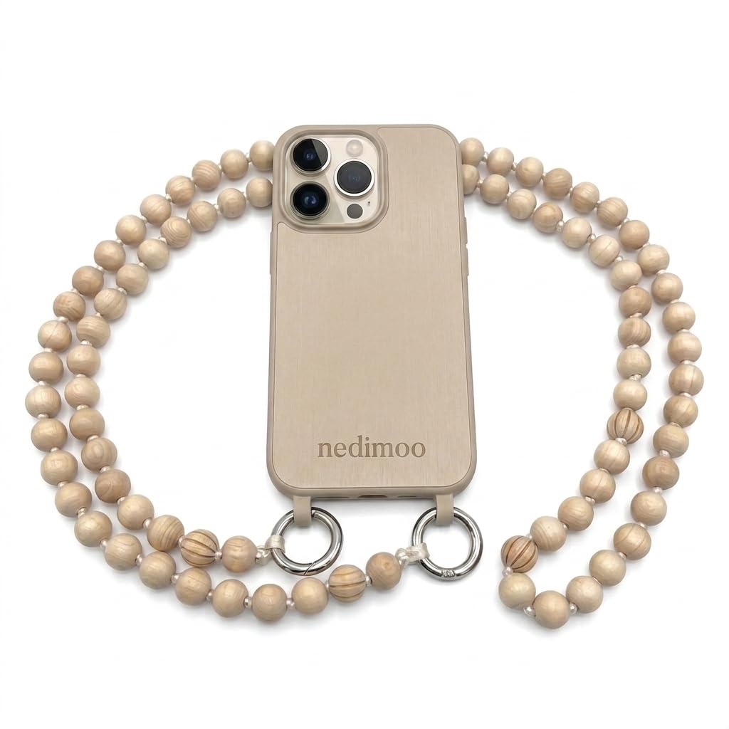 Handykette aus Holzperlen, Universal, Kette, Schlüsselband, Necklace, Lanyard. das Handyband zum Umhängen ist kompatibel mit jedem Handy wie Apple iPhone, Samsung, Xiaomi (Natur B)