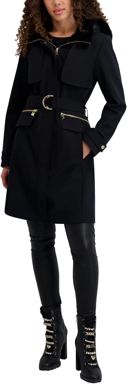 KARL LAGERFELD Women's Zip Front Jacket With Fur Trim Hood