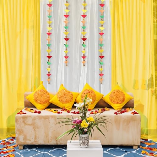 Image of Party Propz White Yellow Ganpati Decoration Setup for Home -10Pcs Ganpati Decoration Backdrop with Triangle Hanging, Varalakshmi Pooja Items, Janmashtami, Haldi Decor, Background Decorations Items