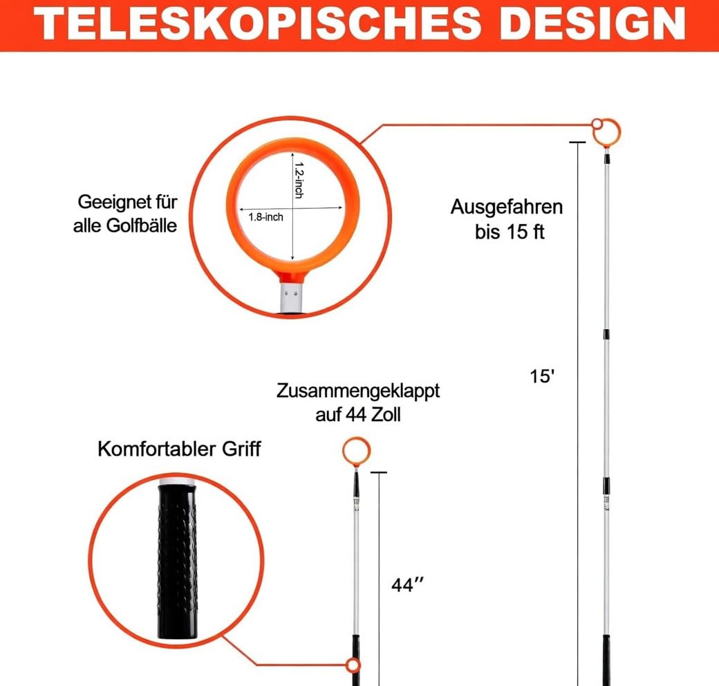 Ballangel Golf, Teleskopisch bis 5,5m, Aluminium-Schaft mit Nylon-Korb, Golf Zubehör zum Aufheben von Golfbällen (15FT)