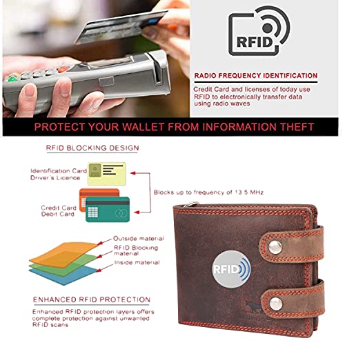 MORUCHA RFID Blocking Men's Biker Wallet Genuine Distressed Hunter Leather Purse with Detachable 45cm Metal Safety Chain M100 (Dark Brown)3