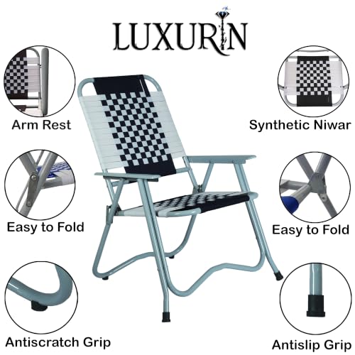 Image of Folding Chair with armrest and Durable Frame, Portable Chair for Garden, Patio, Lawn, Balcony and Study. (Black-White)