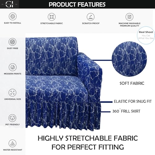 Image of Gifts Island Sofa Cover Set Marble Design 5 Seater Fully Covered Universal Polycotton Spandex with 360 Frill Non-Slip Sticky Elastic Stretchable Sofa Slipcover for Livingroom (Royal Blue)