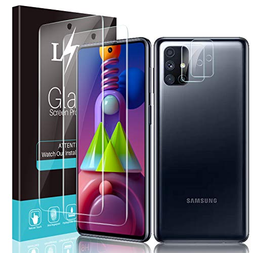 [4 Pack] L?K 2 Pack Protector de Pantalla + 2 Pack Protector de Lente de Cámara para Samsung Galaxy M51, Cristal Templado [Funda Compatible] [Anti-Arañazos] [Sin Burbujas] [Kit Fácil de Instalar]