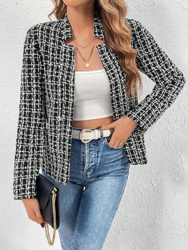 ebossy Women's Casual Slim Notched Plaid Tweed Blazer Elegant Open Front Long Sleeve Business Work Jacket Dress Coat3