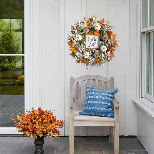 Image of 24inch Thanksgiving Fall Wreath, Eucalyptus Berries Pumpkins Lamb Ears Leaves Autumn Wreaths for Front Door, Fall Decor, Porch Wall, Home Outdoor Holiday Decorations Wreath for Autumn(24in)