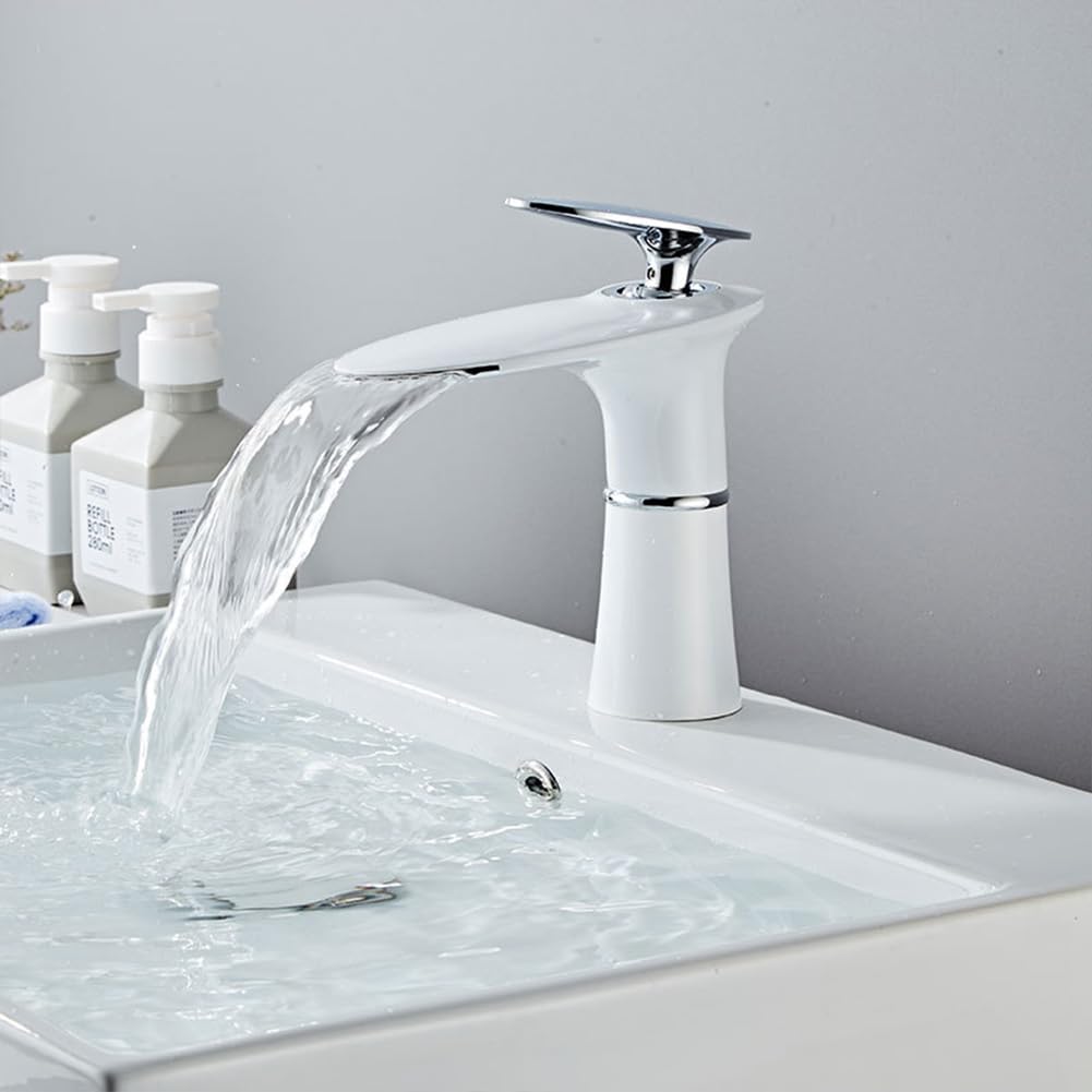 Wasserhahn Bad Wasserfall Waschtischarmatur Moderner Stil Messing Einhebel Mischbatterie Waschbecken Armatur, Badarmatur Waschtischbatterie Badezimmer, Weiß