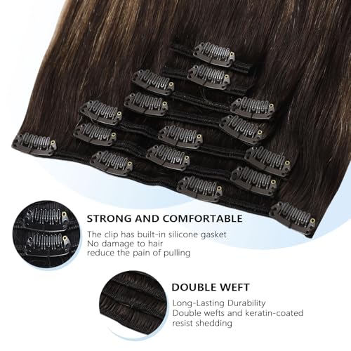 Image of COOKAYU Clip in Hair Extensions Real Human Hair, Balayage Dark Brown to Medium Brown 2 /6 /2 Remy Human Hair Clip in Extensions, Natural Human Hair Extensions Clip ins, 20inch 120g 7Pcs