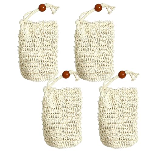 4 Sacs À Savon Pochette, À Savon En Sisal, Fibre de Ramie Couleur Beige avec Suspension, pour Douche Entretien Quotidien Facilite Emploi Pain Nettoyant
